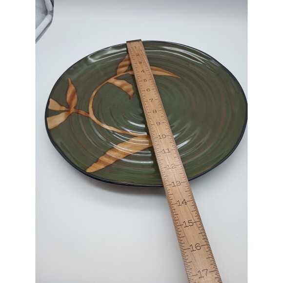 Pier One Large Round Serving Platter Dark Green Swirled Golden Leaves Dakara 13" - Picture 4 of 7